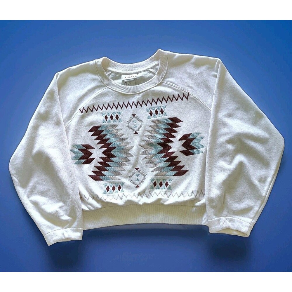 Ariat Womens Cropped Aztec Sweatshirt Western Cowgirl Rodeo Embroidery Pullover